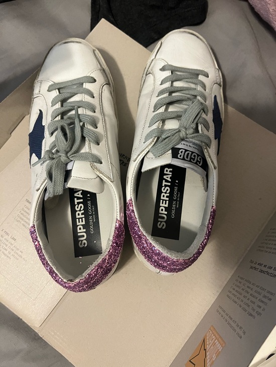 Golden Goose Shoes - Golden Goose White Sneakers with Pink Glitter Heel and Navy Star